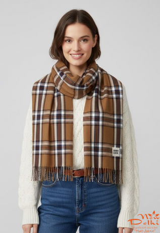 Кашеміровий палантин-шарф "Клітинка",Коричневий з білим.