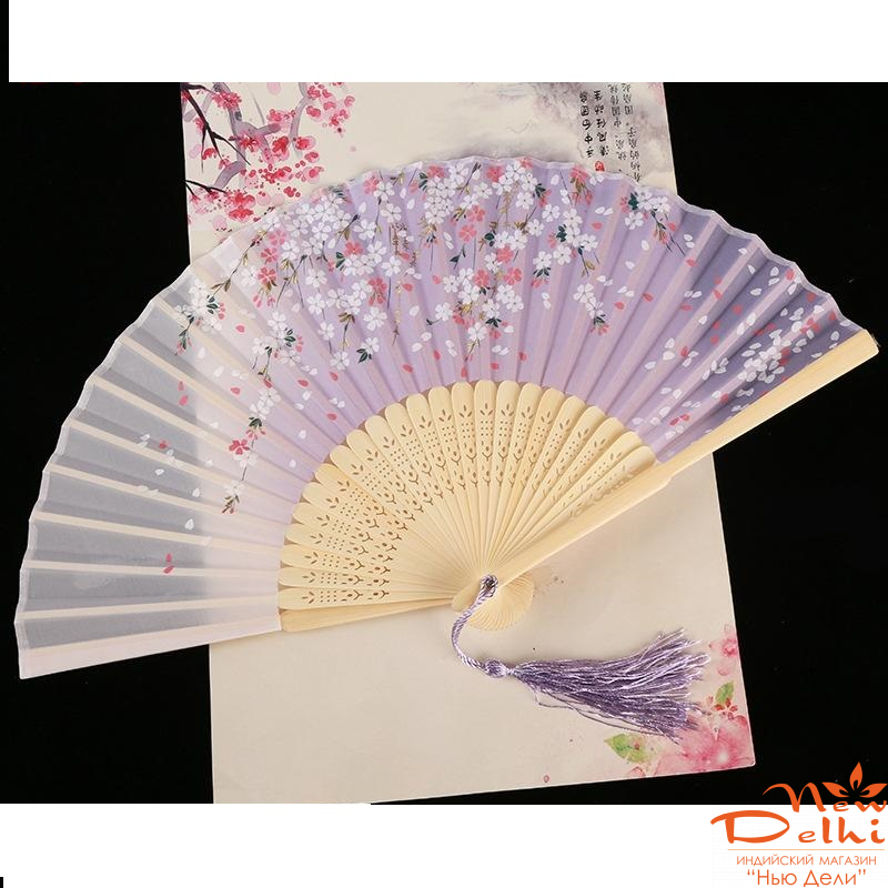 Віяло  вінтажне з шовку та бамбуку,  L = 21 см, п\о 38 см.