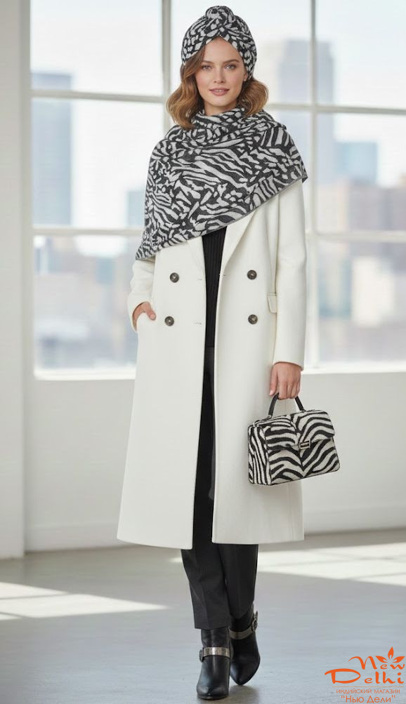 Теплий-широкий шарф "Зебра"- Анімалістичний принт, бавовна, двосторонній, чорно-білий. Індія