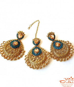 Набір індійських прикрас Тіка та  Сережки.Синій.
