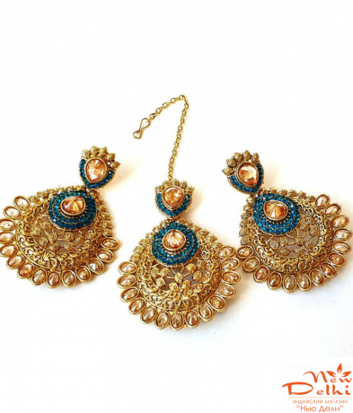 Набір індійських прикрас Тіка та  Сережки.Синій.