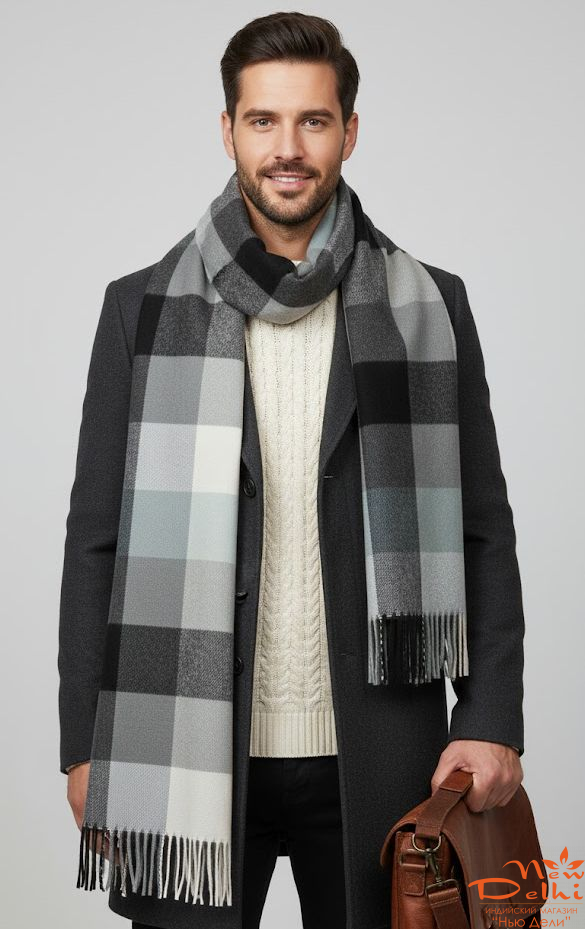 Теплий Картатий Шарф-Плед "Осінній Затишок" у клітинку.Графіт.