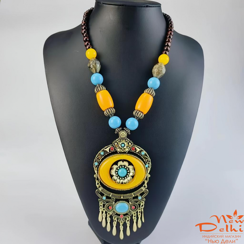 Намисто-"Бохо" з жовто-блакітними намистинами. Богемна прикраса Тіара для волосся в Тибетському ретро стилі.