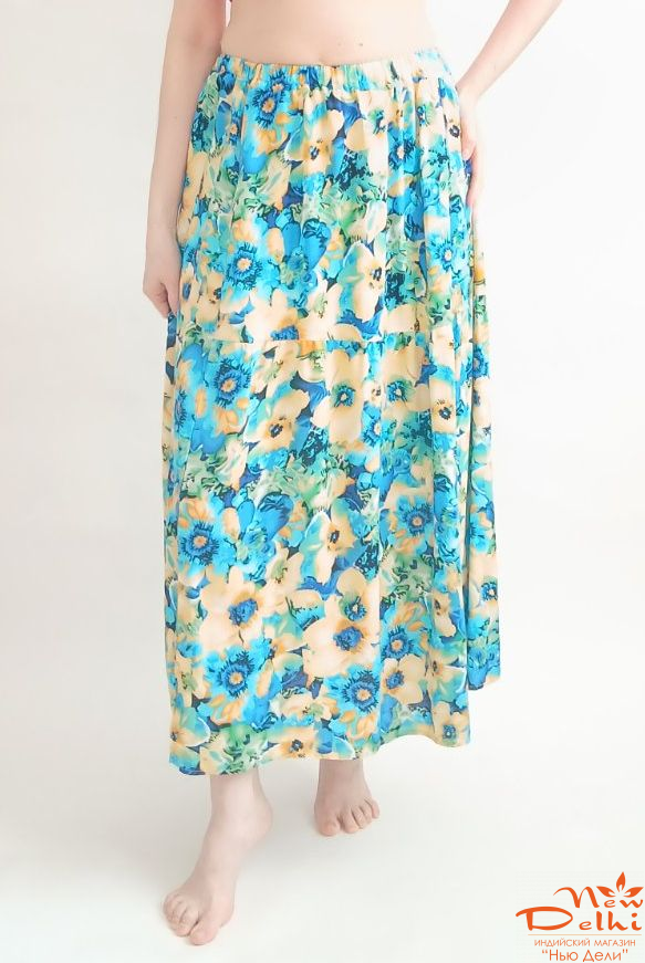 Спідниця штапель, довга.Жовто-блакитна з квітами .