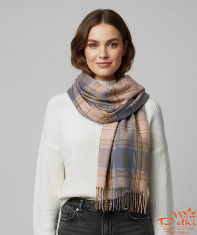 Кашеміровий Палантин-шарф "Клітинка"  , Кремово-сірий