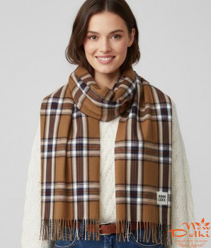 Кашеміровий палантин-шарф "Клітинка",Коричневий з білим.