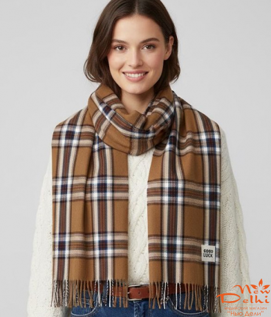 Кашеміровий палантин-шарф "Клітинка",Коричневий з білим.