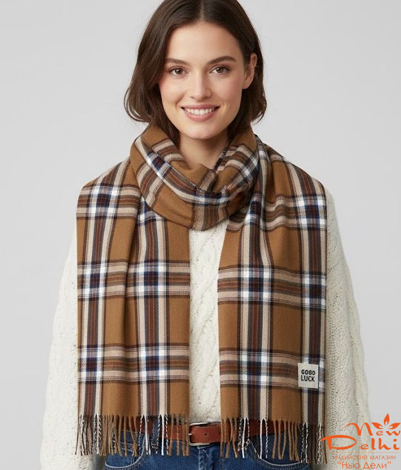 Кашеміровий палантин-шарф "Клітинка",Коричневий з білим.
