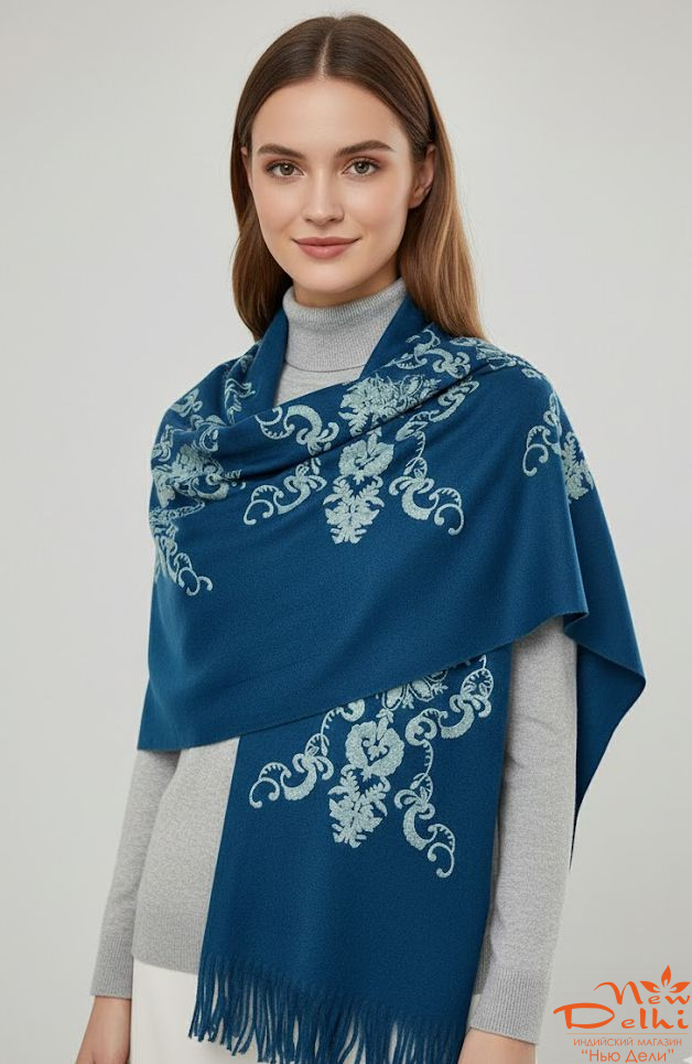 Шарф Вишивка, Вовна, синій -бирюзовий, Розмір 180 см*70 см