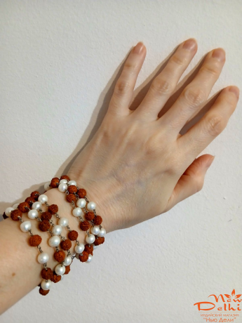 Намисто- браслет перли+рудракша,срібло . довжина 58 см, діаметр 5 мм. Ручна робота..Індія