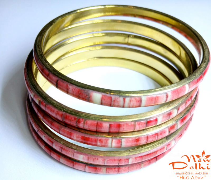 Набір Браслетів Червоний -5  шт.  ( 5 см*6,5 см), латунь, кістка, Індія
