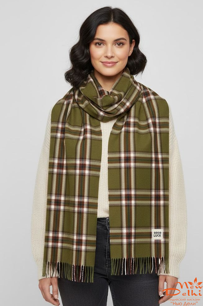 Кашеміровий палантин-шарф "Клітинка",Хакі.
