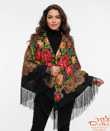 Хустка "Квіти", вовна, чорна.