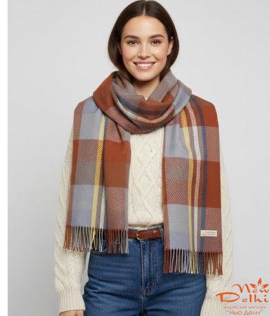 Кашеміровий палантин "Клітинка",  Теракот\блакитний