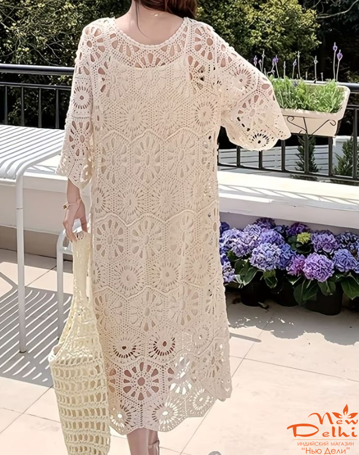 Сукня-Туника "Квіти"  в'язана крючком, бавовна., молочного кольору.