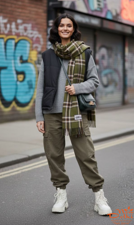 Кашеміровий палантин-шарф "Клітинка",Хакі.