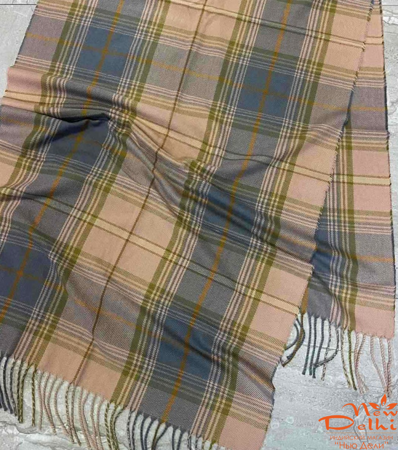 Кашеміровий Палантин-шарф "Клітинка"  , Кремово-сірий