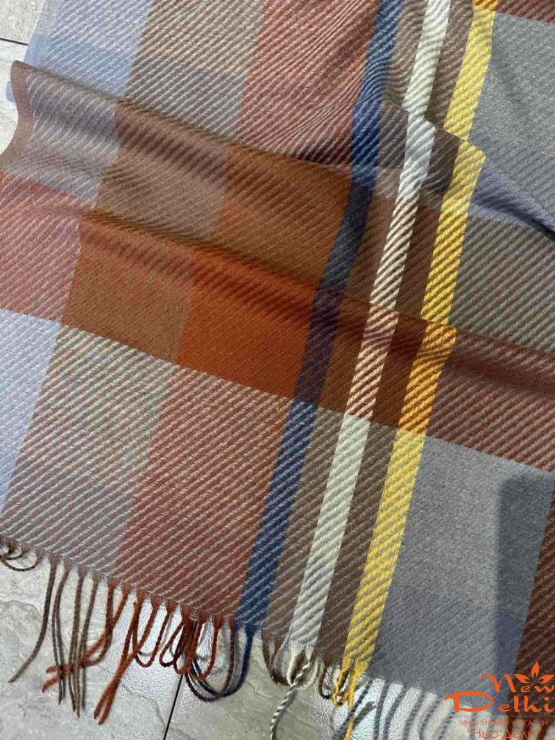 Кашеміровий палантин "Клітинка",  Теракот\блакитний