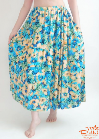 Спідниця штапель, довга.Жовто-блакитна з квітами .