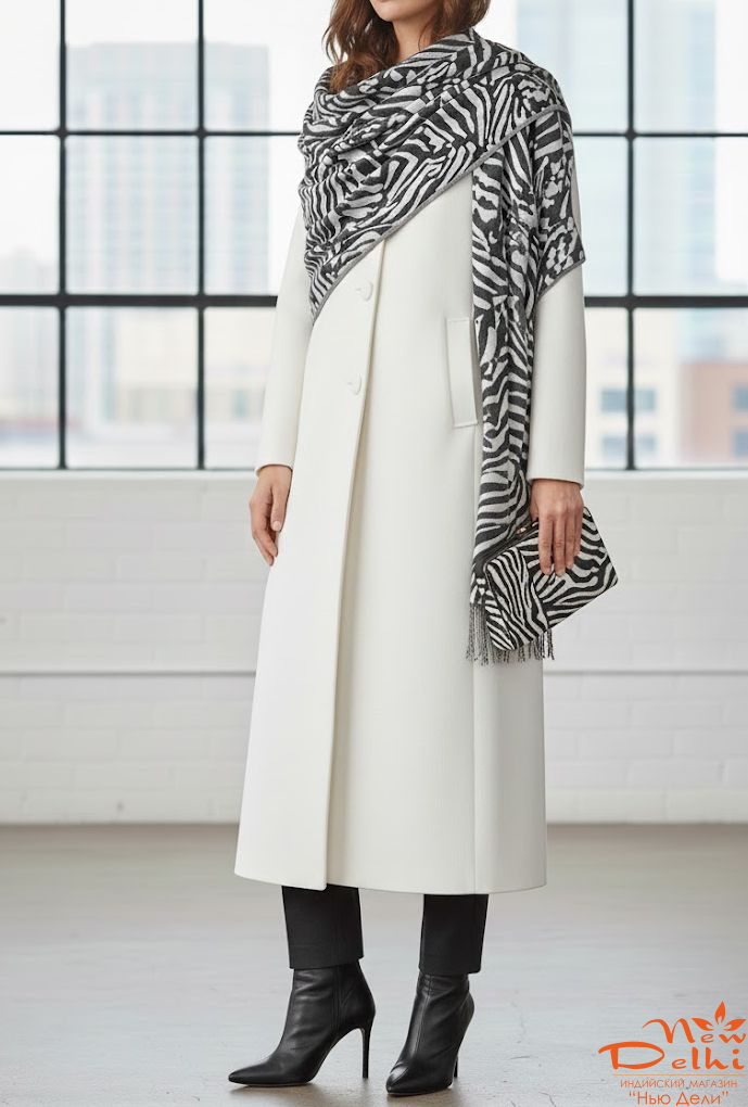 Теплий-широкий шарф "Зебра"- Анімалістичний принт, бавовна, двосторонній, чорно-білий. Індія