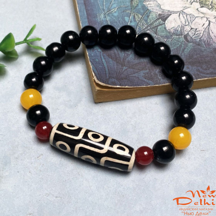 Браслет с бусиной ДЗІ 9 очей- з чорним агатом
