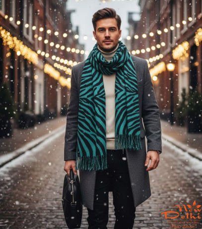 Палантин-широкий шарф "Зебра"- Анімалістичний принт, бавовна, двосторонній, бірюзово-чорний. Індія