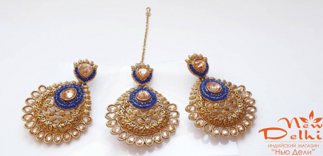 Набір індійських прикрас Тіка та  Сережки.Синій.