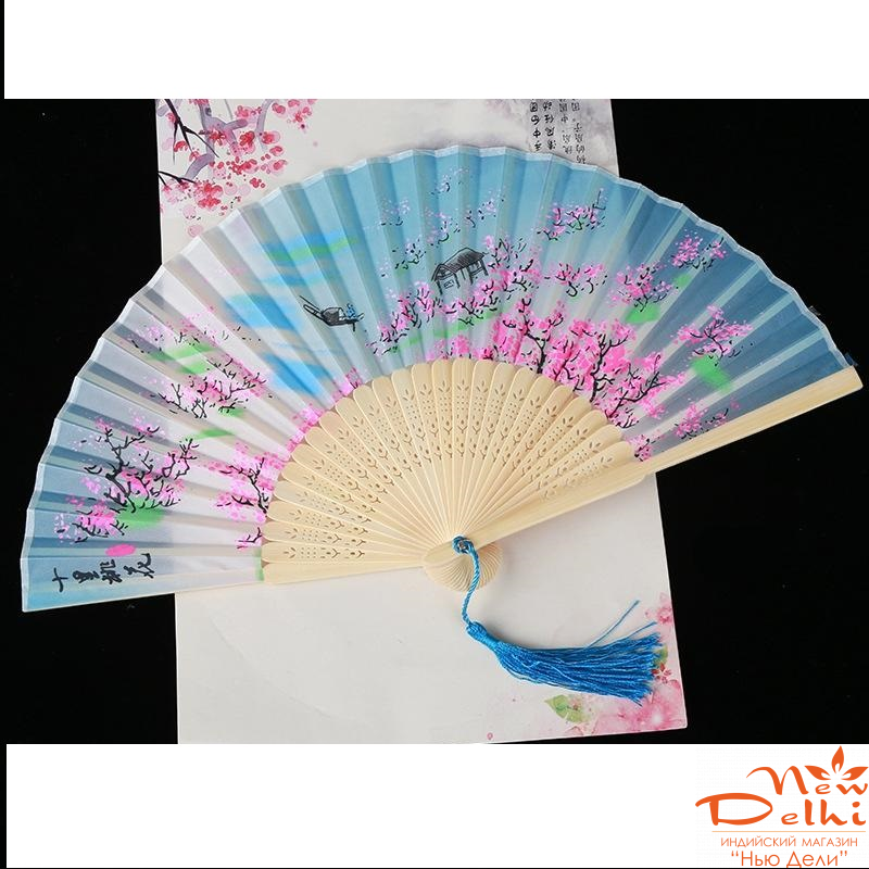 Віяло  вінтажне з шовку та бамбуку,  L = 21 см, п\о 38 см.