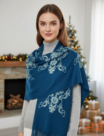 Шарф Вишивка, Вовна, синій -бирюзовий, Розмір 180 см*70 см
