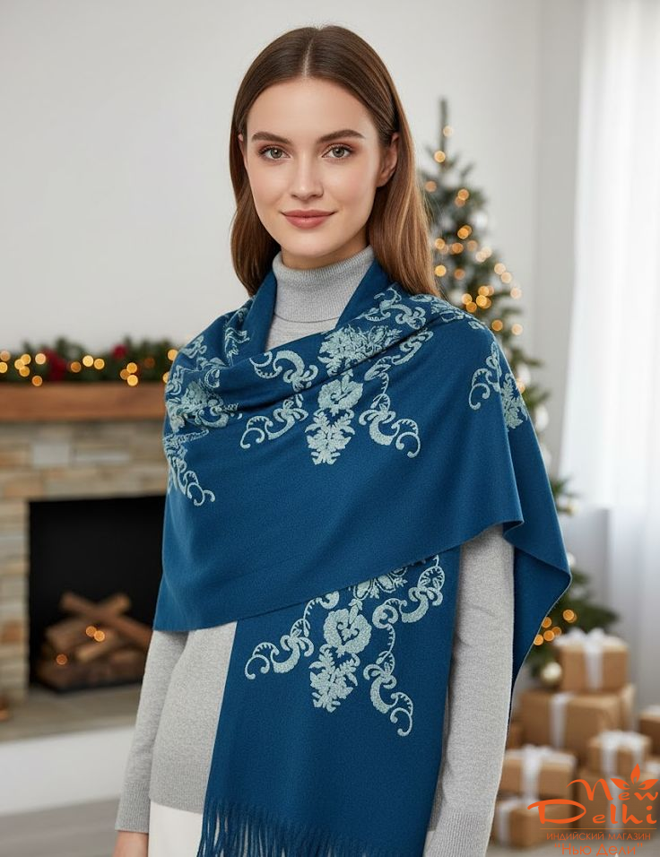 Шарф Вишивка, Вовна, синій -бирюзовий, Розмір 180 см*70 см