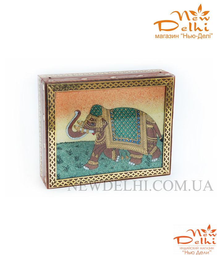 Скринька &quot;Слон&quot; з дерева з малюнком на склі з крихти натурального каміння.13*11*4см. Індія