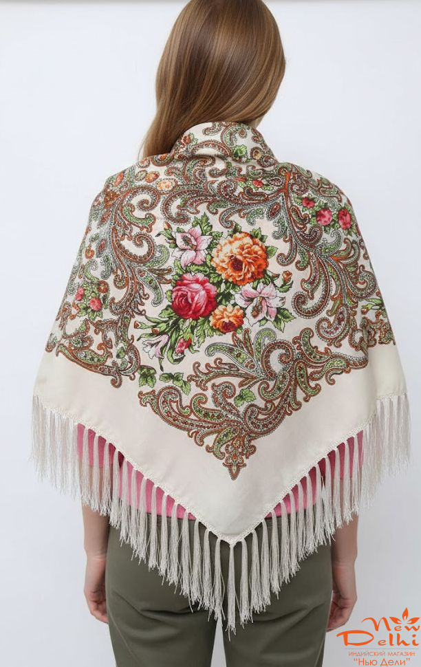 Хустка "Квіти", вовна, біла.