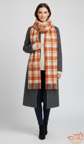 Теплий Картатий Шарф-Плед "Осінній Затишок" у клітинку в теплій оранжевій гаммі