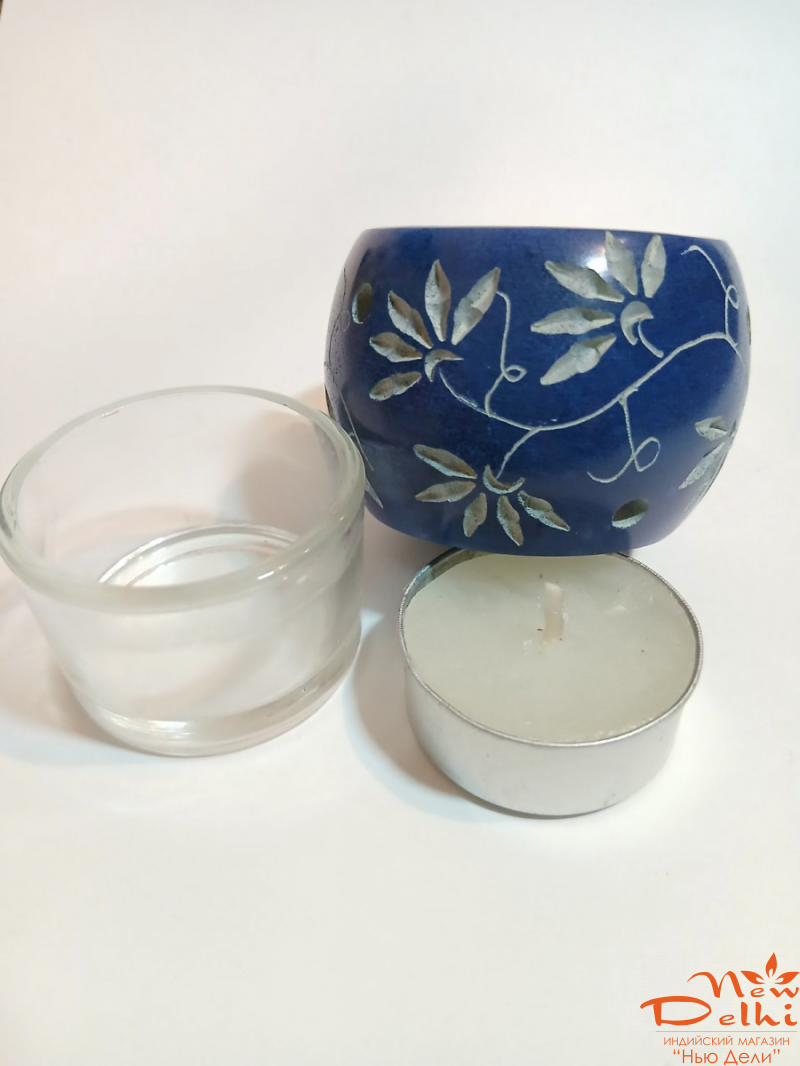 Свічник з каменю,  зі свічкою, синій.Індія.