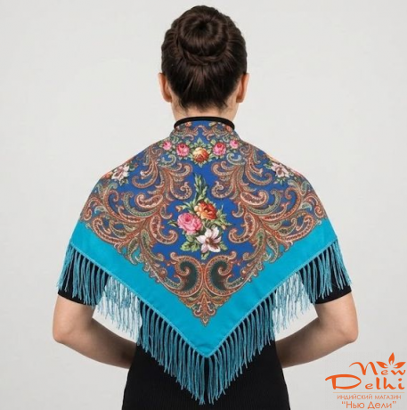 Хустка "Квіти", вовна, блакітна.