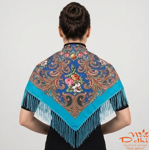 Хустка "Квіти", вовна, блакітна.