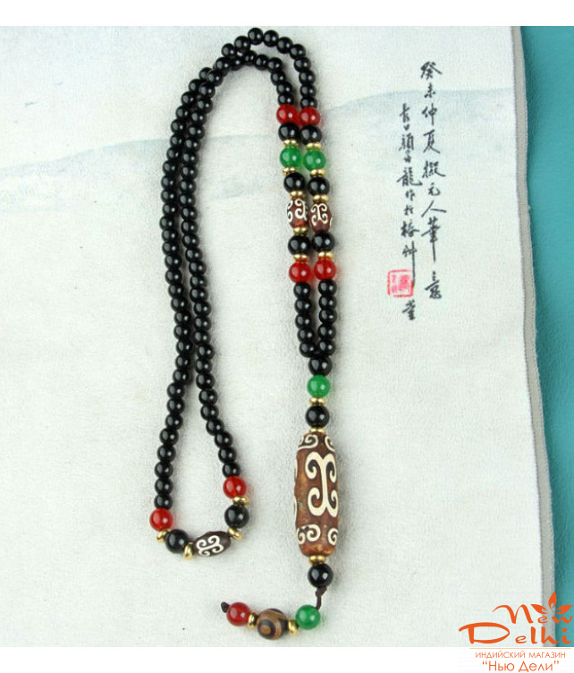 Кольє Біло-коричнева ДЗІ Хмари благоденства і три намистини