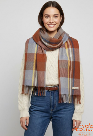 Кашеміровий палантин "Клітинка",  Теракот\блакитний