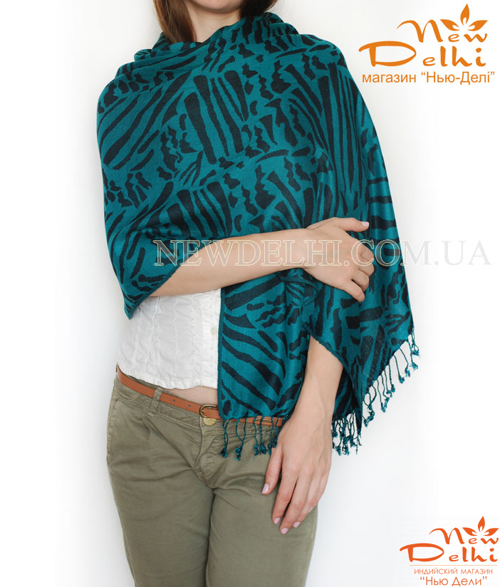 Палантин-широкий шарф "Зебра"- Анімалістичний принт, бавовна, двосторонній, бірюзово-чорний. Індія