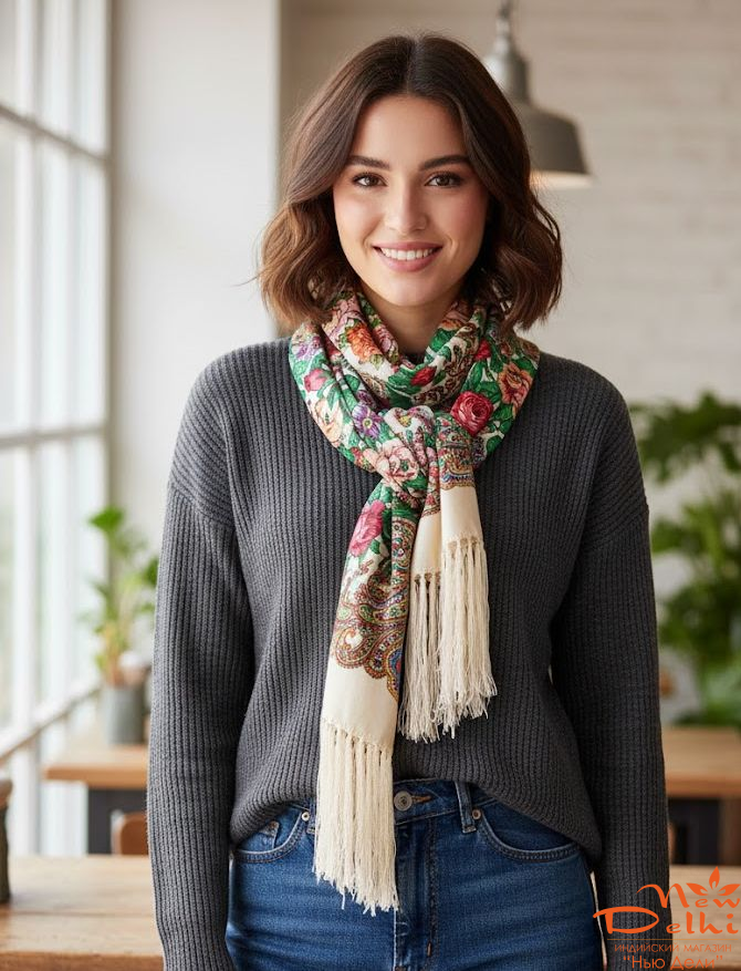 Хустка "Квіти", вовна, біла.