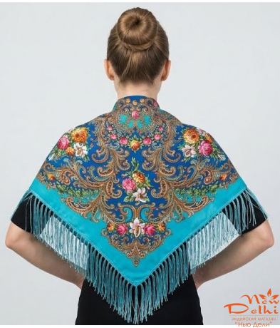 Хустка "Квіти", вовна, блакітна.