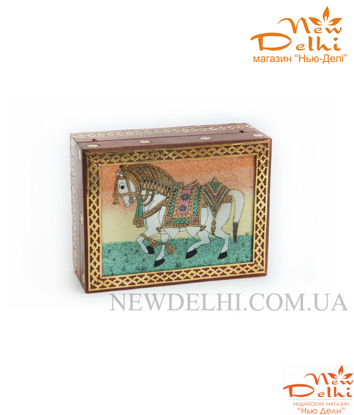 Скринька &quot;Кінь&quot; з дерева з малюнком на склі з крихти натурального каміння.10.5*8,5*4см. Індія