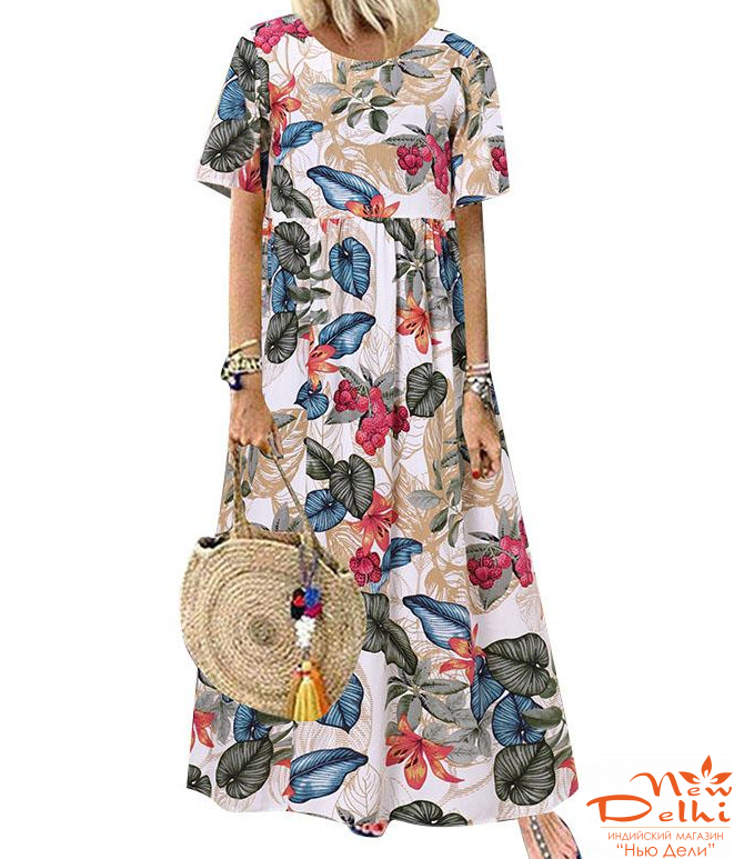 Сукня  "Квіти"  ZANZEA  довга,  район(віскоза) . Молочна .розмір L.