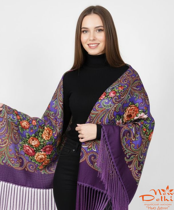 Хустка "Квіти", вовна, фіолетова.