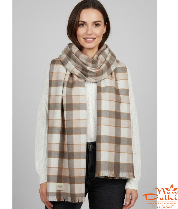 Теплий Картатий кашеміровий Шарф-Плед "Осінній Затишок" , беж.