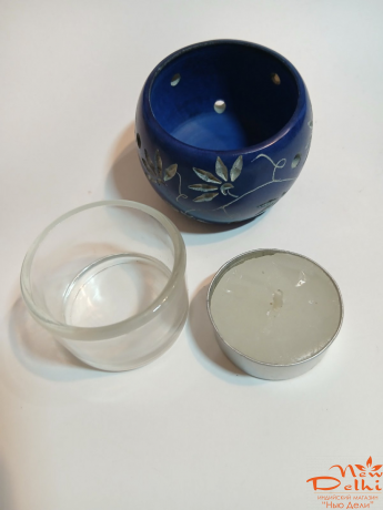 Свічник з каменю,  зі свічкою, синій.Індія.