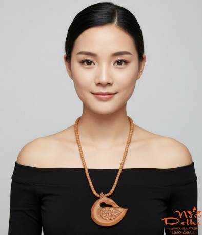 Намиста-кантимала з натурального  Сандалового дерева з кулоном -Лебідь. Ручна робота