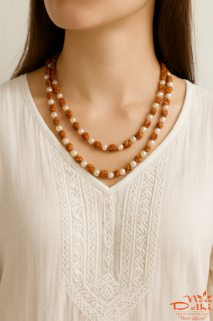 Намисто- браслет перли+рудракша,срібло . довжина 58 см, діаметр 5 мм. Ручна робота..Індія