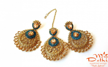 Набір індійських прикрас Тіка та  Сережки.Синій.
