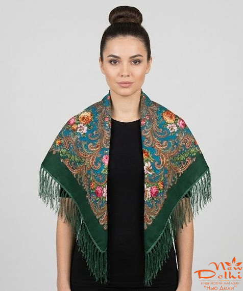 Хустка "Квіти", вовна, зелена.